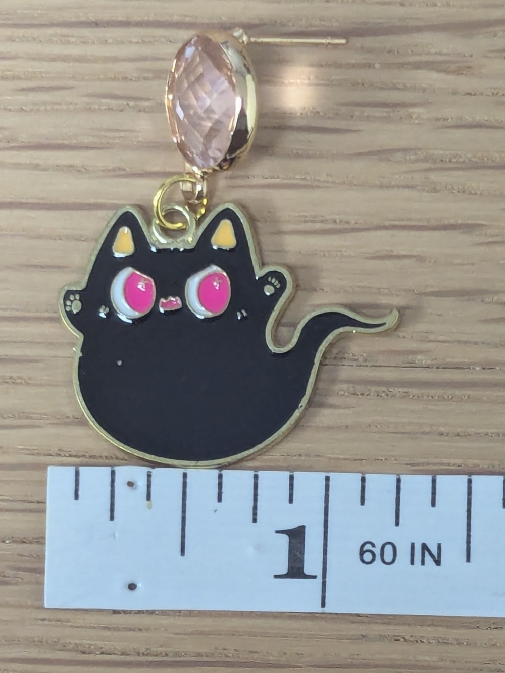 Black Cat Ghost Earrings Pink Crystal Gold Tone Spooky Halloween Dangle - Picture 3 of 4